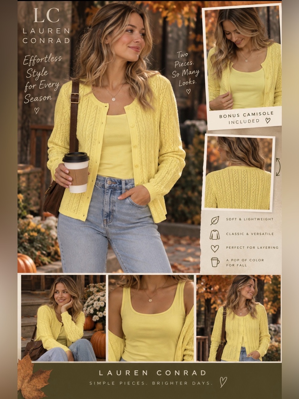 LC Lauren Conrad Yellow Pointelle Cardigan PXL + Bonus Camisole